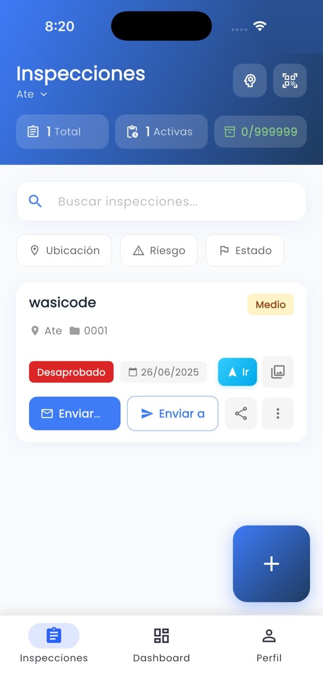 Pantalla de inspecciones de InspeccionApp en iPhone